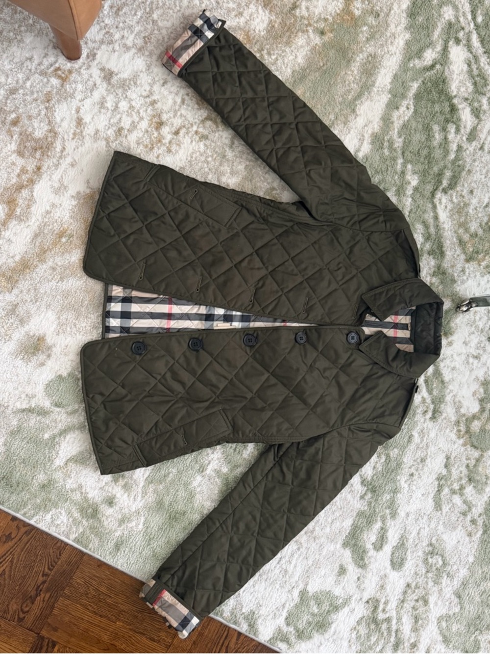 Olive Green Burberry Quilted Jacket with Classic Check Lining in Beige and Black